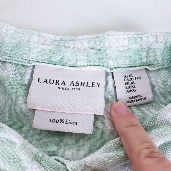 Cottagecore Gingham 100% Linen Top Womens XL Puff Sleeve Pastel Farm Mint Green - Picture 6 of 7